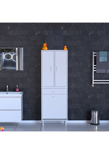 Yeni Kayra Tek Çekmece, 1 Göz Sepet, 2 Kapak, 4 Raf Dar Alan Banyo Dolabı 65X173X32,5 cm modelleri