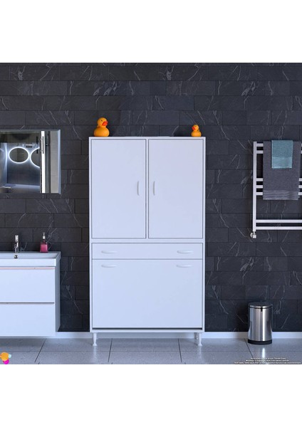 Yeni Kayra Tek Çekmece, 3 Göz Sepet, 2 Kapak, 4 Raf Dar Alan Banyo Dolabı 100X173X32,5 cm modelleri