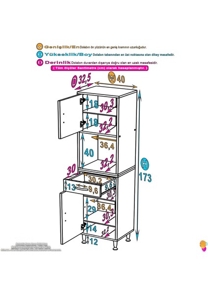 Azra 40 cm Tek Çekmeceli Mutfak Ve Banyo Dolabı 2 kapak ve 6 raflı Çok Amaçlı Dolap 40x173x32,5 cm fırsatları
