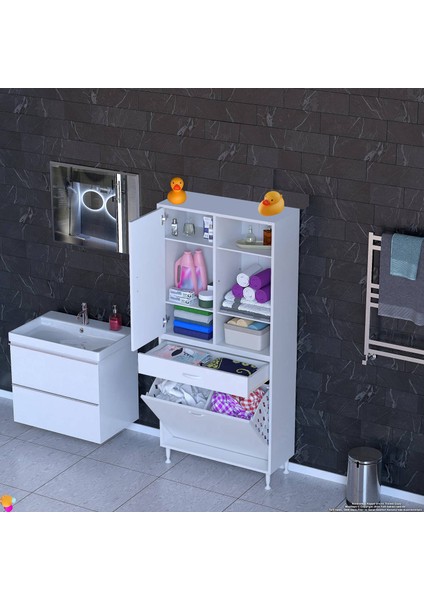 Kayra Banyo Dolabı Tek Çekmece, 2 Göz Sepet, 1 Kapak, 6 Raf Dar Alan Banyo Dolabı 75X173X32,5 cm
