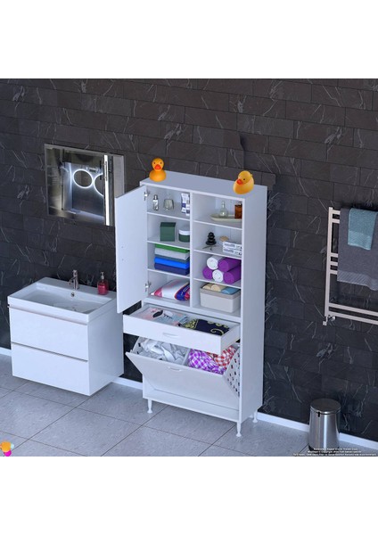 Kayra 1 Çekmece, 2 Göz Sepet, Tek Kapak, 8 Raf Dar Alan Banyo Dolabı 75X173X32,5 cm