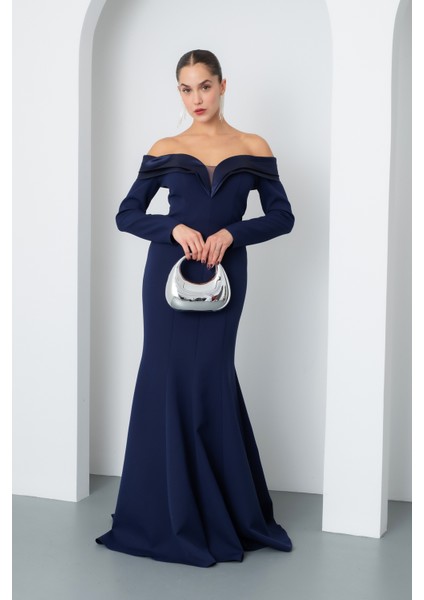Kadın Lacivert Kayık Yaka Uzun Balık Abiye Elbise fiyatları