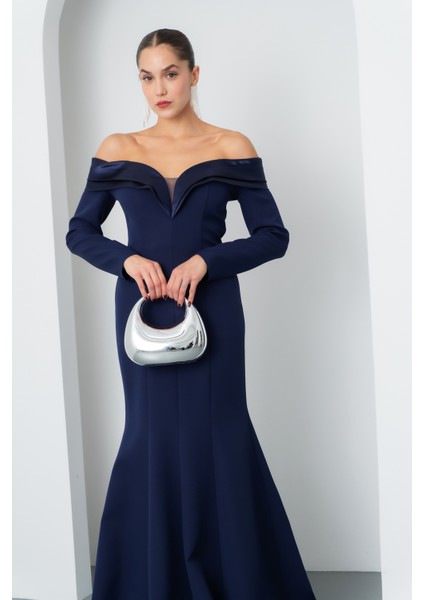 Kadın Lacivert Kayık Yaka Uzun Balık Abiye Elbise modelleri