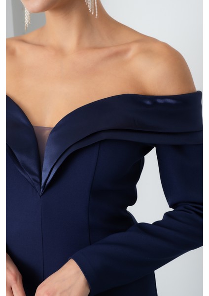 Kadın Lacivert Kayık Yaka Uzun Balık Abiye Elbise fırsatları