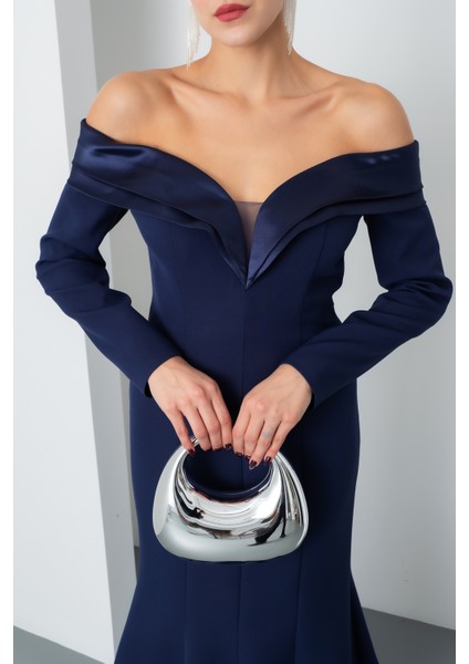 Kadın Lacivert Kayık Yaka Uzun Balık Abiye Elbise indirimleri