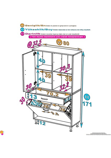 Waha 2 Göz Sepet,Tek Çekmece, 2 Kapak, 4 Raf Banyo Dolabı 80x173x32,5 cm