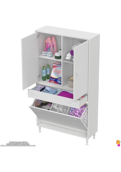 Yeni Kayra Tek Çekmece, 3 Göz Sepet, 2 Kapak, 4 Raf Dar Alan Banyo Dolabı 95X173X32,5 cm modelleri