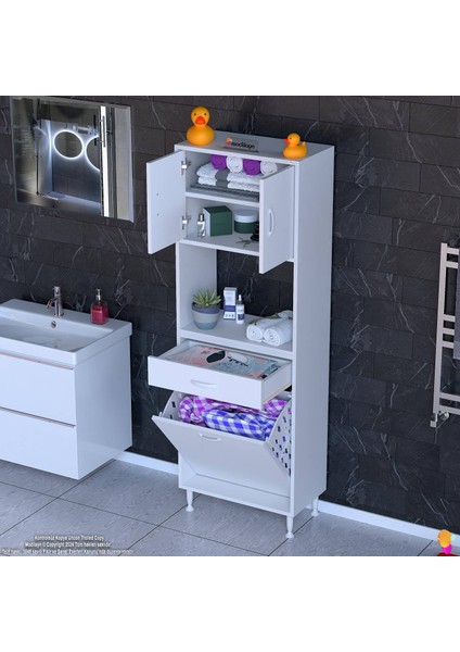 Azra 1 Çekmece 1 Göz Sepetli ve 3 Raflı Banyo ve Mutfak Dolabı Çok Amaçlı Dolap 55X173X32,5 cm