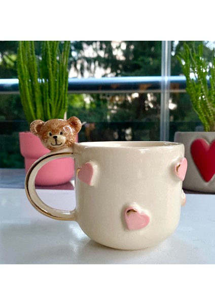 El Yapımı Seramik Gerçek 24K Altın Dekorlu Teddy Kalpli Kupa