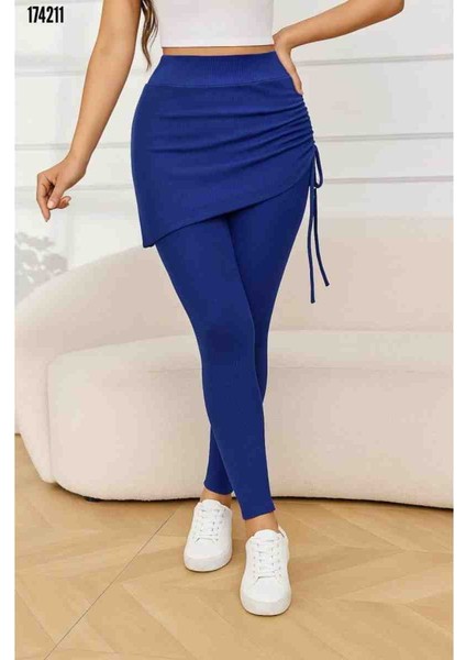 Kadın Yüksek Bel Yandan Büzgülü Alttan Uzun Kaşkorse Tayt Etek, Kırmızı Gül Figürlü Kolye Hediye