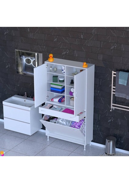 Yeni Kayra Tek Çekmece, 3 Göz Sepet, 2 Kapak, 8 Raf Dar Alan Banyo Dolabı 90X173X32,5 cm