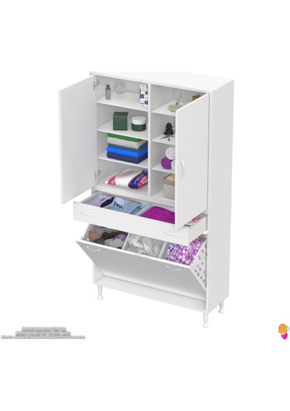 Yeni Kayra Tek Çekmece, 3 Göz Sepet, 2 Kapak, 8 Raf Dar Alan Banyo Dolabı 90X173X32,5 cm modelleri