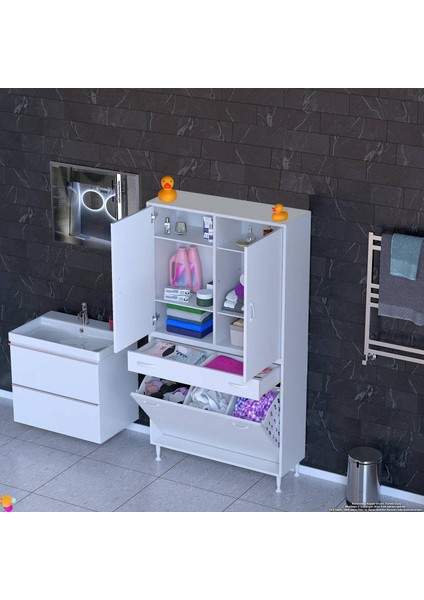 Yeni Kayra Tek Çekmece, 3 Göz Sepet, 2 Kapak, 6 Raf Dar Alan Banyo Dolabı 90X173X32,5 cm