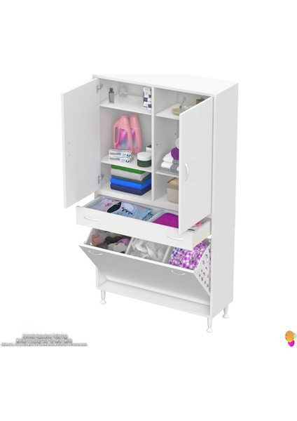 Yeni Kayra Tek Çekmece, 3 Göz Sepet, 2 Kapak, 6 Raf Dar Alan Banyo Dolabı 90X173X32,5 cm modelleri