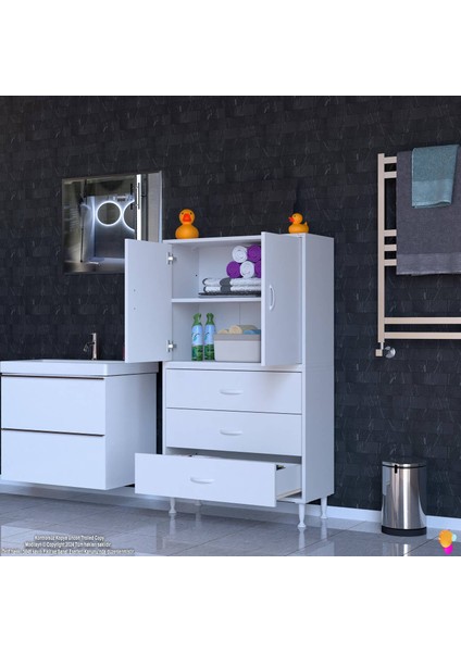 Esil Çok Amaçlı Dolap 70 cm Kapak İçi Çift Raflı ve 3 Çekmeceli Çok Amaçlı Dolap 70x138x32,5 cm