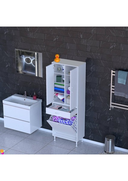 Yeni Kayra Tek Çekmece, 1 Göz Sepet, 2 Kapak, 8 Raf Dar Alan Banyo Dolabı 60X173X32,5 cm