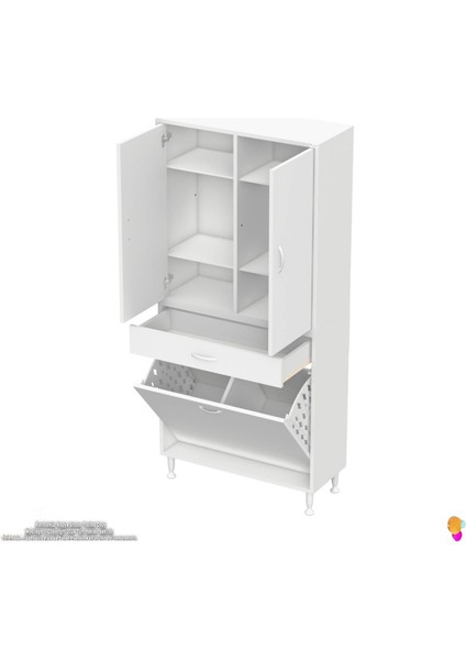 Yeni Kayra Tek Çekmece, 2 Göz Sepet, 2 Kapak, 6 Raf Dar Alan Banyo Dolabı 70X173X32,5 cm