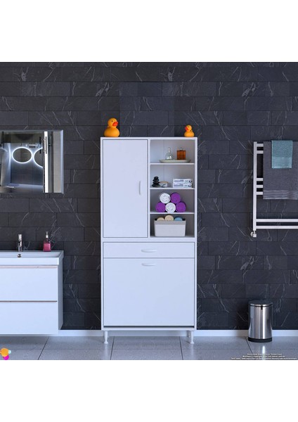 Kayra 85 cm Beyaz Dolap Tek Çekmece, 2 Göz Sepet, 1 Kapak, 8 Raf Banyo Dolabı 85x173x32,5 cm fiyatları