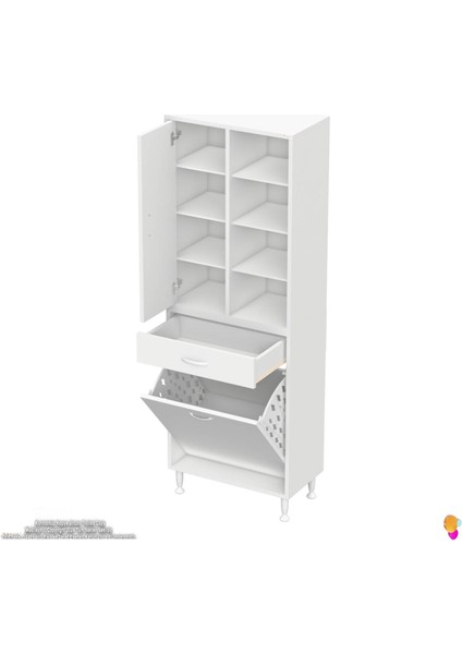 Kayra Çok Amaçlı Dolap 1 Çekmece, 1 Göz Sepet, Tek Kapak, 8 Raf Dar Alan Banyo Dolabı 60x173x32,5 cm modelleri