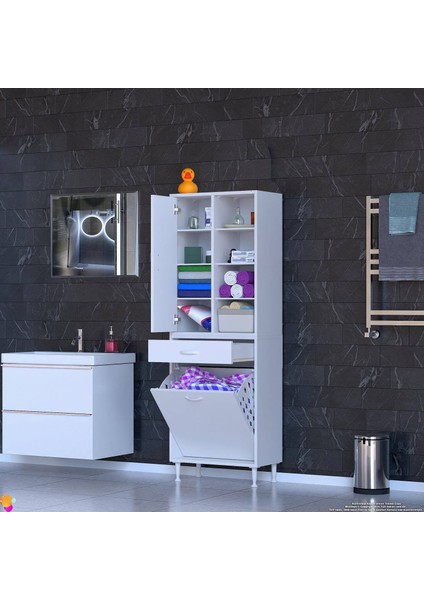 Kayra Çok Amaçlı Dolap 1 Çekmece, 1 Göz Sepet, Tek Kapak, 8 Raf Dar Alan Banyo Dolabı 60x173x32,5 cm fırsatları