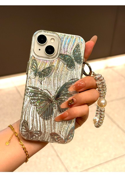 iPhone 13 - 14 - 15 Kılıf Hologram Charm Askılı Hologram Kelebek Tasarımlı Desenli Silikon Kapak