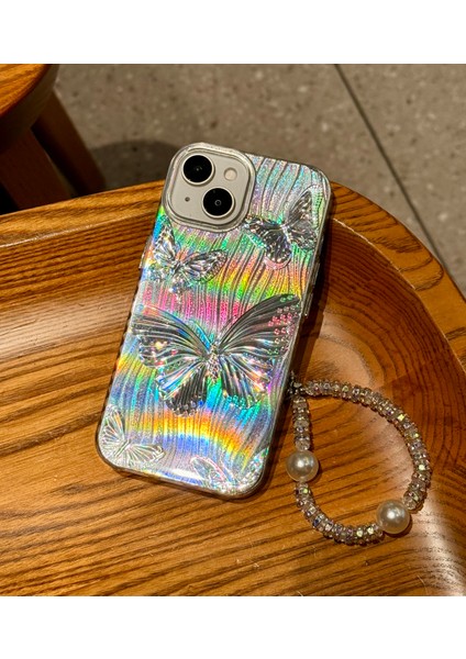 iPhone 13 - 14 - 15 Kılıf Hologram Charm Askılı Hologram Kelebek Tasarımlı Desenli Silikon Kapak fiyatları