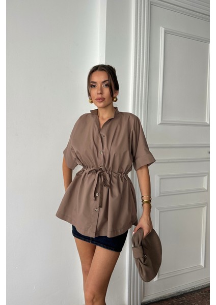 Bel Büzgü Detaylı Poplin Gömlek - Kahverengi