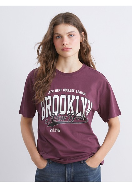 Yeni Sezon Bisiklet Yaka Brooklyn Baskılı Kadın Tişört