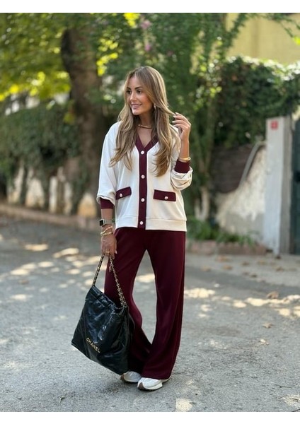 Kadın Uzun Kollu Ribanali Cep Detay Hırka ve Bol Paça Pantolon Ikili Takım