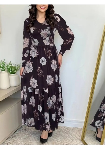 Kadın Uzun Kollu V Yakalı Çiçek Desenli Maxi Süprem Elbise modelleri
