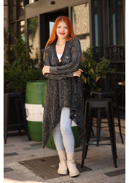 Kadın Asimetrik Kesim Cepli Şal Yaka Etnik Yıkamalı Pamuk Hırka -Gri