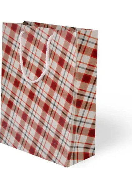 Ekose Desenli Beyaz Karton Çanta 25X30CM