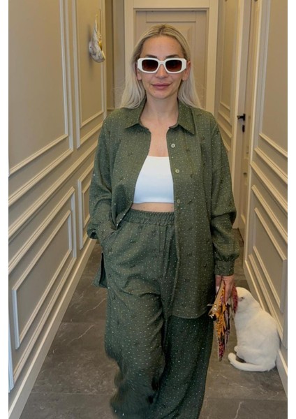 Nakış Işleme Detaylı Önden Düğmeli Yeşil Kadın Alt Üst Takım