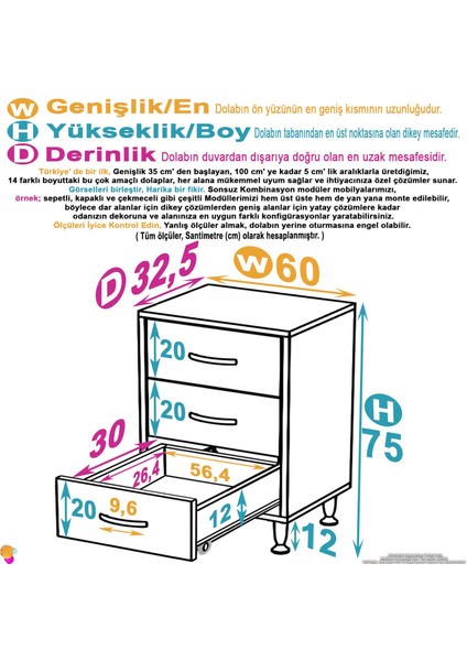 Efil 3'lü Çekmece Banyo Dolabı Çok Amaçlı Çekmecelerle Daha Düzenli 60X75X32,5 cm