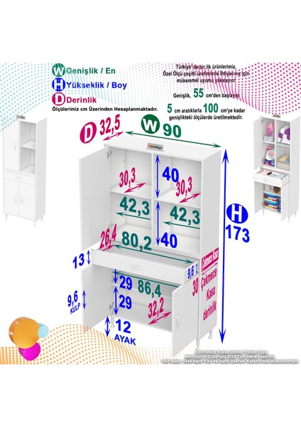 Rosa 90 cm Banyo ve Mutfak Dolabı Tek Çekmece 3 Kapak 3 Raf 6 Bölmeli Dolap 90x173x32,5 cm