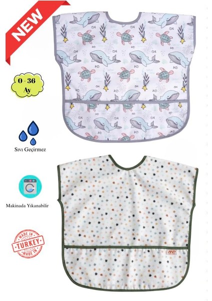 Sıvı Geçirmez 2’li Set Bebek Mama Önlüğü 0-36 Ay Kolsuz Sıvı Gecirmez Önlük