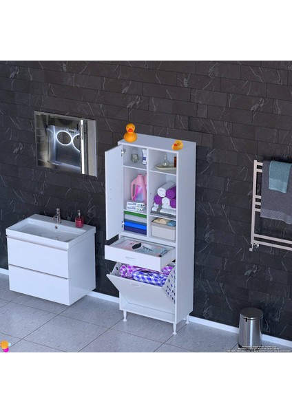 Kayra 60 cm Banyo Dolabı Tek Çekmece 1 Göz Sepet 1 Kapak 6 Raf Dar Alan Banyo Dolabı 60x173x32,5 cm