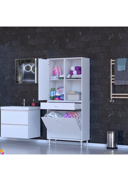 Kayra Banyo Dolabı Tek Çekmece, 2 Göz Sepet, 1 Kapak, 4 Raf Dar Alan Banyo Dolabı 85X173X32,5 cm fiyatları