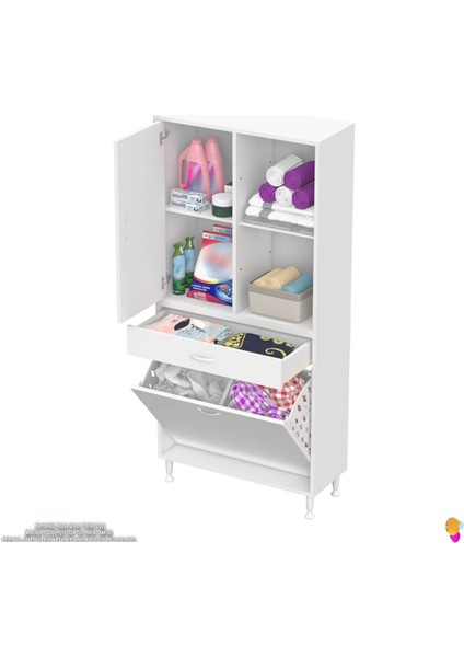 Kayra Banyo Dolabı Tek Çekmece, 2 Göz Sepet, 1 Kapak, 4 Raf Dar Alan Banyo Dolabı 85X173X32,5 cm modelleri