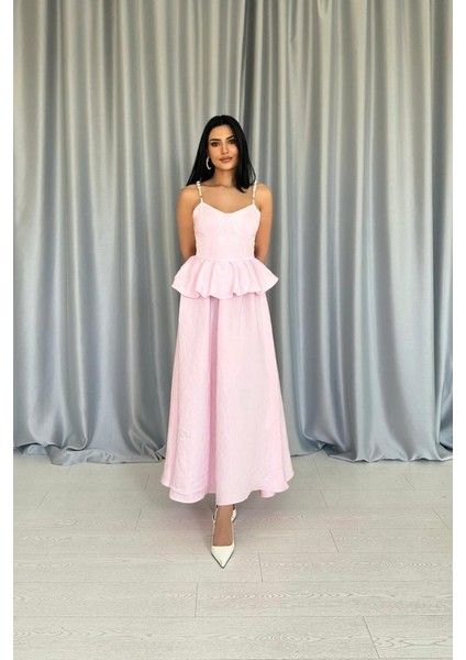 Pembe Beli Büzgülü Inci Askılı Uzun Elbise fiyatları