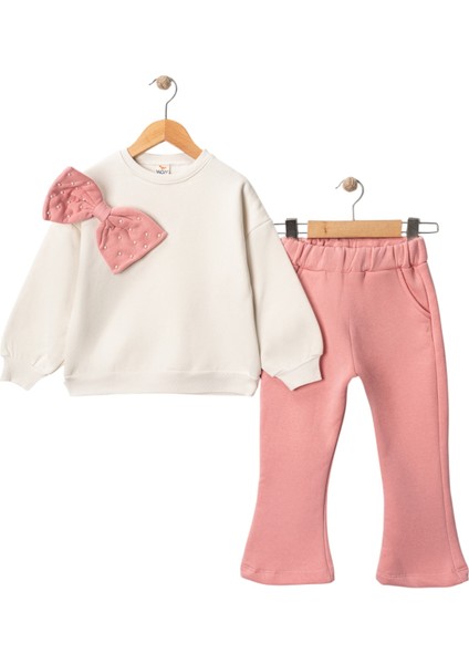 Kız Çocuk Incili Fiyonk Detaylı Ispanyol Paça 3 Iplik Şardonlu Eşofman Takımı 5-8 Yaş