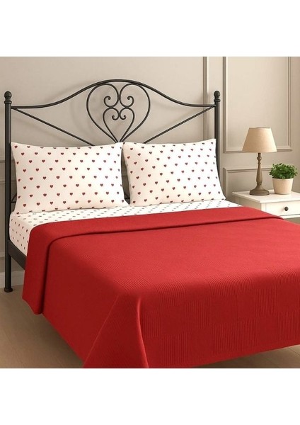 Amour Kalp Desenli %100 Pamuk Tek Kişilik Çarşaf Takımı - Tek Kişilik Pike Hediye
