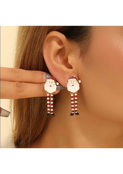 Kırmızı Beyaz Sallantı Bacaklı Çinko Alaşım Noel Baba Küpe