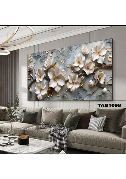Beyaz Sarı Yaldızlı Ağaç Dalında Çiçek Kanvas (Led) Işıklı Tablo