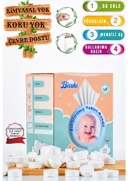 Sıkıştırılmış Tablet bebek Mendil – Su ile Açılan Tek Kullanımlık bebek Temizlik Bezi (250 adet)