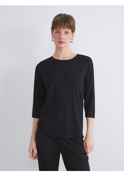 Yeni Sezon Bisiklet Yaka Taşlı Bluz