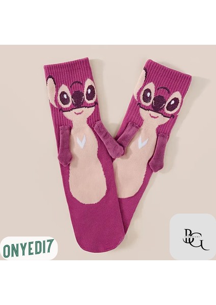 Mıknatıslı Stitch Çorap – Koyu Pembe | Eğlenceli & Konforlu