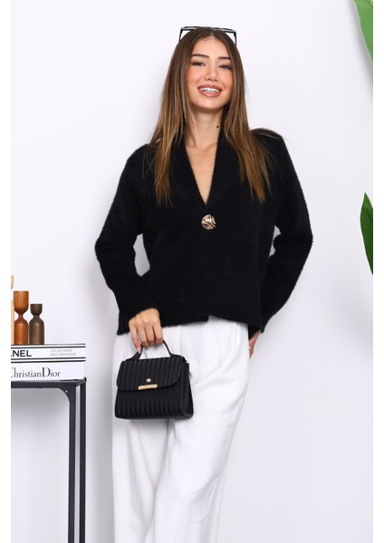 Siyah Tek Düğmeli Angora Yumoş Hırka