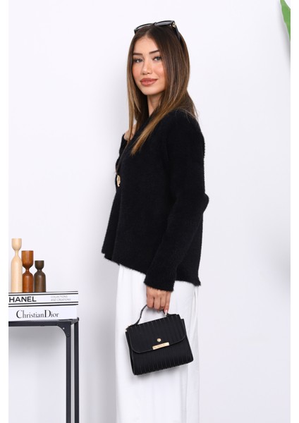 Siyah Tek Düğmeli Angora Yumoş Hırka modelleri