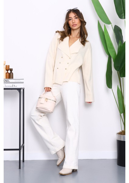 Krem Kruvaze Yaka Düğmeli Triko Hırka fiyatları